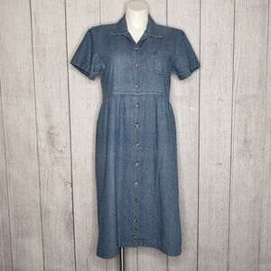 Vintage Match USA Denim Shirt Dress Button Front Midi 100% Cotton Size 12